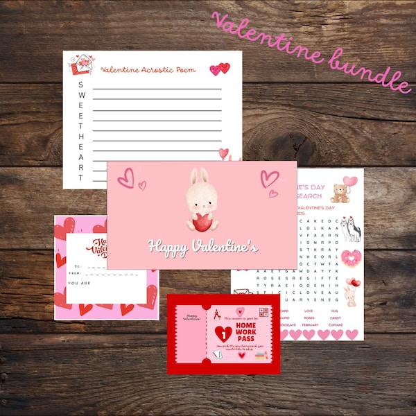 valentine no homework pass Valentines printable bundle Pre-K to 5th Grade. Wordsearch, Acrostic poem, Valentine tag, homework pass voucher, Valentine note