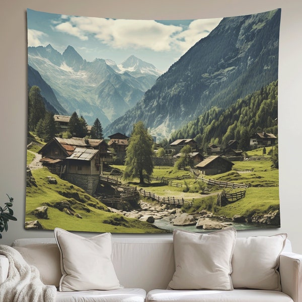 Swiss Countryside Tapestry, Mountain Wall Tapestry, Colorful Alpine Wall Hanging, Swiss Alps Summer Hiking Art, Switzerland Dorm Room Art