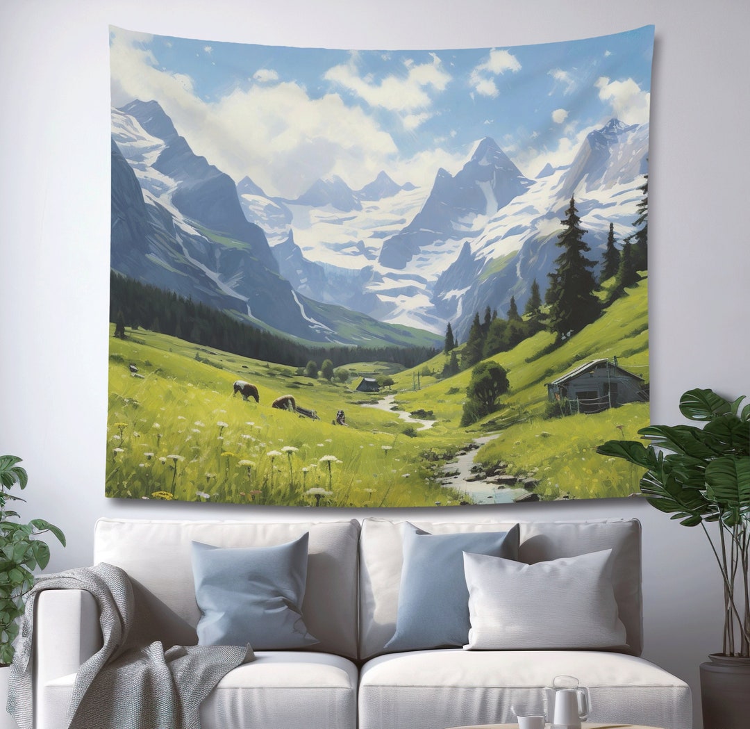 Switzerland Oil Painting Tapestry, Mountain Wall Tapestry, Colorful Alpine Wall Hanging, Swiss