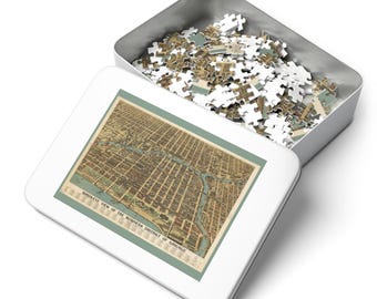 Vintage Chicago-kaartpuzzel uit 1898 | Historisch vogelperspectief in Tin