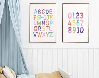 Set of 2 Educational Nursery Prints, Alphabet Chart, Numbers Chart, Nursery Decor and Playroom Prints