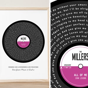 Impresión digital personalizada de discos de vinilo retro con letras de canciones a elegir, un regalo de boda perfecto o un regalo de aniversario de la primera canción de baile