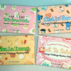 May include: Four colorful savings challenge mystery packs. The packs feature various themes: "Just a Girl Who Loves Matcha", "C'est La Brew", "Viva La Dessert", and "Back To School". Each pack includes decorative illustrations and text.