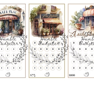 Puede incluir: Tres ilustraciones de acuarela de caf&eacute;s parisinos con el texto "The Humble Budgeter" y una cuadr&iacute;cula de n&uacute;meros para un juego de presupuestaci&oacute;n. La primera imagen es por 25 &euro;, la segunda por 75 &euro; y la tercera por 100 &euro;.