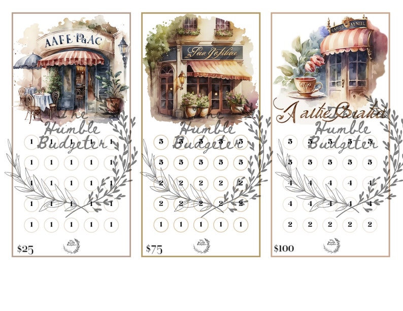 Puede incluir: Tres ilustraciones de acuarela de caf&eacute;s parisinos con el texto "The Humble Budgeter" y una cuadr&iacute;cula de n&uacute;meros para un juego de presupuestaci&oacute;n. La primera imagen es por 25 &euro;, la segunda por 75 &euro; y la tercera por 100 &euro;.
