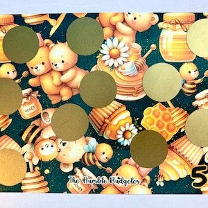 May include: A green background with gold polka dots and a variety of honey-themed illustrations, including bears, bees, honeycombs, and jars of honey. The text "The Humble Budgeter" and "50" are visible in the bottom right corner.