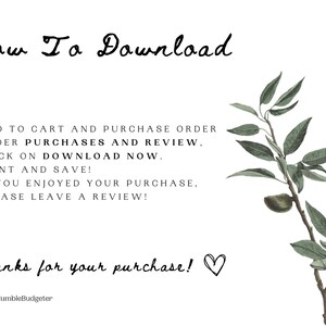 Puede incluir: Un fondo blanco con texto negro que dice "How To Download" y una lista de instrucciones sobre c&oacute;mo descargar una compra digital. El texto tambi&eacute;n incluye "Thanks for your purchase!" con un s&iacute;mbolo de coraz&oacute;n. Una peque&ntilde;a ilustraci&oacute;n de una rama verde con hojas y una sola almendra se encuentra en el lado derecho de la imagen.