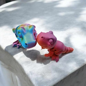 Op de afbeelding: Twee 3D-geprinte dinosaurusfiguren, een is regenboogkleurig en de andere is roze. De dinosaurussen kijken elkaar aan.