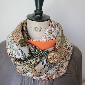 Snood Femme AGATHE, Foulard double tour, viscose Japon kaki, orange, popeline de viscose écru et fleurs, écharpe, cadeau, soie artificielle image 5