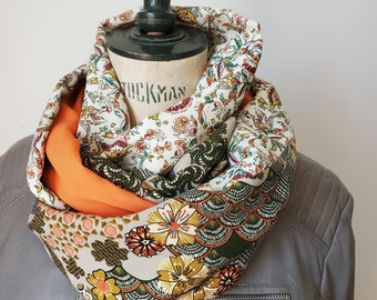 Snood Femme AGATHE, Foulard double tour, viscose Japon kaki, orange, popeline de viscose écru et fleurs, écharpe, cadeau, soie artificielle