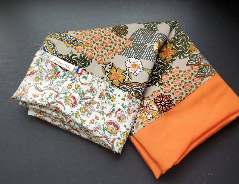 Snood Femme AGATHE, Foulard double tour, viscose Japon kaki, orange, popeline de viscose écru et fleurs, écharpe, cadeau, soie artificielle image 9