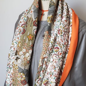 Snood Femme AGATHE, Foulard double tour, viscose Japon kaki, orange, popeline de viscose écru et fleurs, écharpe, cadeau, soie artificielle image 6