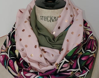 Foulard snood Femme MARGOT, viscose, 3 imprimés contemporains, double tour, écharpe élégante, tour de cou, cadeau femme, éventail, pois doré