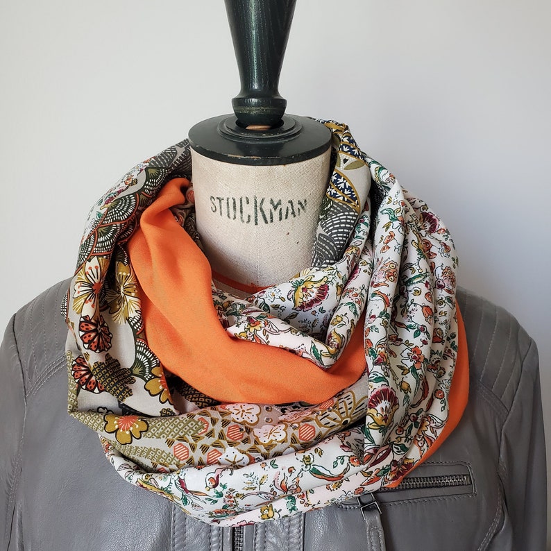 Snood Femme AGATHE, Foulard double tour, viscose Japon kaki, orange, popeline de viscose écru et fleurs, écharpe, cadeau, soie artificielle image 10