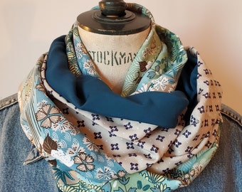 Foulard Snood Femme UMEA viscose, écharpe élégante, double tour de cou, fait-main, cadeau femme, imprimé japon turquoise, uni pétrole, beige