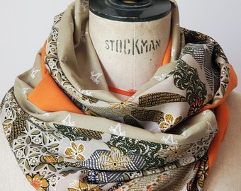 Snood Femme MANAE, Foulard double tour, viscose Japon kaki, orange et popeline de coton bio vert kaki