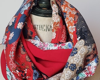 Snood Femme CORDOUE, Foulard double tour, viscose Japon rouge, popeline de coton bio, tour de cou, soie artificielle, tendance, écharpe-tube