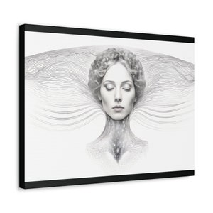 May include: A black and white illustration of a woman's face with her eyes closed. The woman's face is surrounded by a series of lines that create a swirling pattern.