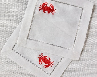 Embroidered Crab Linen Cocktail Napkins | Set of 4