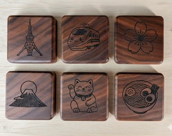 Japanese Icon Walnut Magnets – Engraved Japan Gift Set