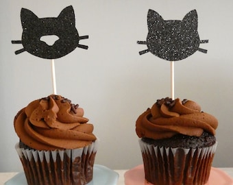 12 Cat Cupcake Toppers/Meow Party/Cat Party Ideas/Kitten Birthday/Cat Birthday/Kitty Cat Party/Halloween Cat/Cat Party Decor/ Girl Cat Party