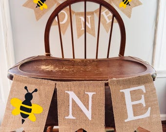 Bee First Birthday Highchair Banner, Fun to Bee One Birthday Party, First Birthday Decor, Burlap Banner, Happy Bee Day, Bee 1st Birthday