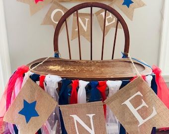 Little Firecracker, 4th of July Highchair Birthday Banner, Red White and Blue Patriotic Stars Highchair Banner, Star Ribbon Highchair Banner