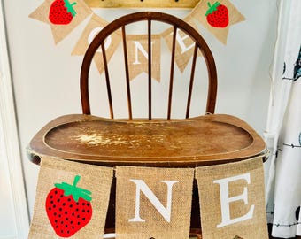 Strawberry Highchair Banner, ONE Party banner, Strawberry Garland, Strawberry party decorations, Strawberry Theme, Strawberry Burlap Banner