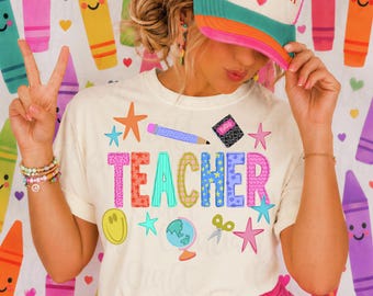 Lehrer-PNG, Design für ein T-Shirt zur Wertschätzung von Lehrern, Lehrer-PNG im Preppy-Stil, handgezeichnetes PNG, Schulanfang