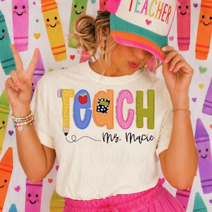 Personalized Teacher Pencil PNG, Coquette Bow Shirt Design, Teacher Preppy Png, Back to School, Add Your Text