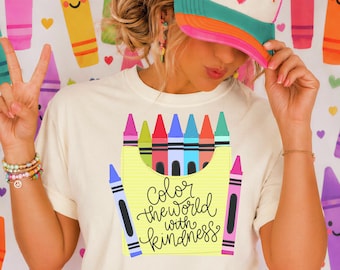 PNG per insegnanti, design per maglietta "Colora il mondo con la gentilezza", PNG preppy per insegnanti, PNG disegnato a mano, ritorno a scuola