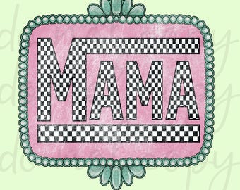 Western Mama PNG: Turquoise Checkered Sublimation Design (Digital Download)