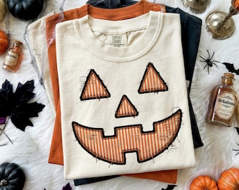 Faux Stitch Jack O Lantern, Spooky Season PNG, Retro Stripe Halloween Png, Halloween Girly png, Fall png, Sublimation png