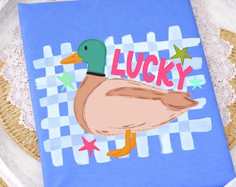 Pato de la suerte PNG, diseño femenino, estrellas preppy, frases pegadizas, pato moderno, PNG de verano
