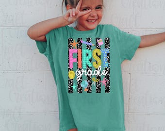 First Grade Trendy Stripes PNG, School Doodles Shirt Design, Teacher Apple Png, Preppy Back to School