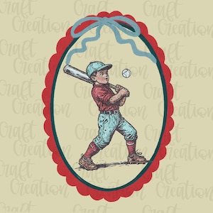 May include: An oval-shaped illustration of a young baseball player swinging a bat. The player is wearing a red shirt, blue pants, and a baseball cap. The image is framed by a red scalloped border with a blue ribbon at the top.