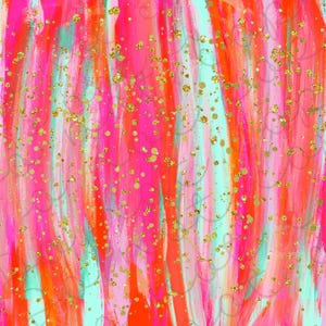 May include: Abstract art piece with vertical brushstrokes in vibrant shades of pink, orange, and turquoise. Gold glitter is scattered across the surface, adding a touch of sparkle. The artwork has a textured appearance.