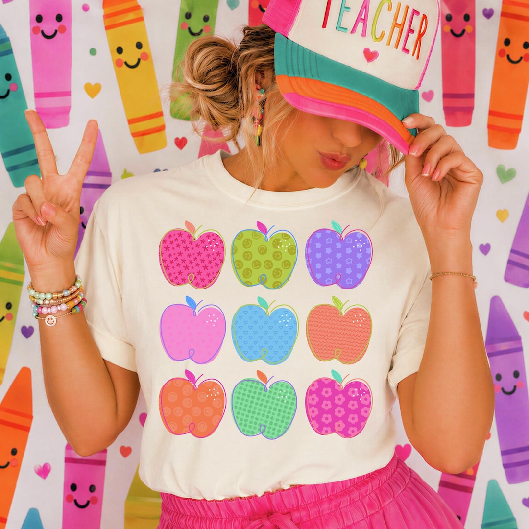 Teacher Apples PNG, Teacher Appreciation Shirt Design, Teacher Preppy Png, Hand Drawn PNG,
