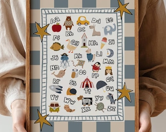 May include: A framed alphabet print featuring colorful illustrations for each letter, including an apple, bear, car, and elephant. The print has a checkered border and gold star accents, with the text "Download Snack" at the bottom.
