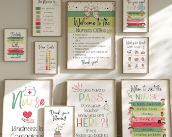May include: A collection of ten wall art prints for a school nurse's office, featuring educational charts, rules, and health reminders with colourful illustrations, stick figures, and text including 'Welcome to the Nurse's Office' and 'Nurse Kindness is Contagious'.