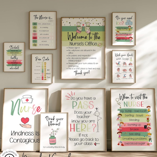 SCHOOL NURSE Office Poster Set, School Clinic Health Prints, Clinic Room School Health Classrooms Signs Back to School Nurse Bulletin, print
