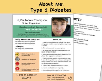 All About Me Type 1 Diabetes Medical Alert Information, Back to School, Emergency Contact, Medical Info, T1D Info, Editable Template