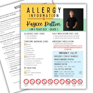 Puede incluir: Hoja de información sobre alergias para Kaycee Dutton, 9 años, 3er grado. Incluye foto, lista de alergias, síntomas, medicamentos diarios y de emergencia, e información de contacto de emergencia. Diseño amarillo y turquesa.