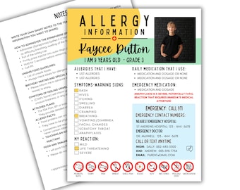 Peut inclure: Feuille d'informations sur les allergies pour Kaycee Dutton, 9 ans, 3e année. Comprend une photo, une liste d'allergies, des symptômes, des médicaments quotidiens et d'urgence, et des coordonnées d'urgence. Jaune et turquoise.