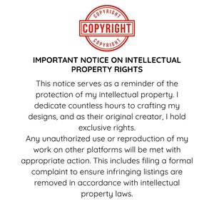 May include: A white rectangular sign featuring a red circular copyright stamp at the top with the text COPYRIGHT inside. Below, the text reads IMPORTANT NOTICE ON INTELLECTUAL PROPERTY RIGHTS followed by a paragraph regarding the protection of intellectual property, original creation, and exclusive rights, and a warning about unauthorized use.
