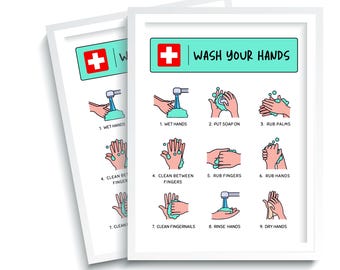 May include: A white poster with a red cross and the text "WASH YOUR HANDS" in blue. The poster shows a nine-step handwashing guide with illustrations of hands washing with soap and water.