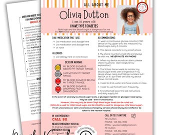 May include: A personalized medical information sheet titled All About Me for a child named Olivia Dutton with Type 1 Diabetes. The document features a photo, emergency contact details, medication lists, allergy sections, and Dexcom glucose monitor arrow explanations.