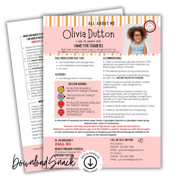 About Me T1D Medial Alert Information ,Type 1 Diabetes, Insulin, 1st Day of Back to School, Child Info, Emergency, Teacher, Therapist,
