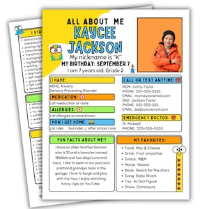 Special Needs Child Information Sheet: Autism, ADHD, IEP Meeting (Editable Canva Template Digital Download)