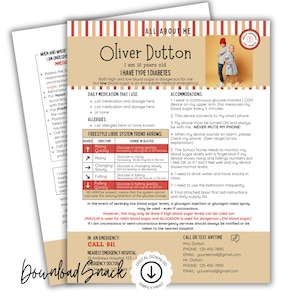 Può includere: Una scheda informativa medica intitolata All About Me per un bambino di nome Oliver Dutton con diabete di tipo 1. Il documento include sezioni per farmaci, allergie, sistemazioni, una tabella Freestyle Libre e dettagli di contatto di emergenza.